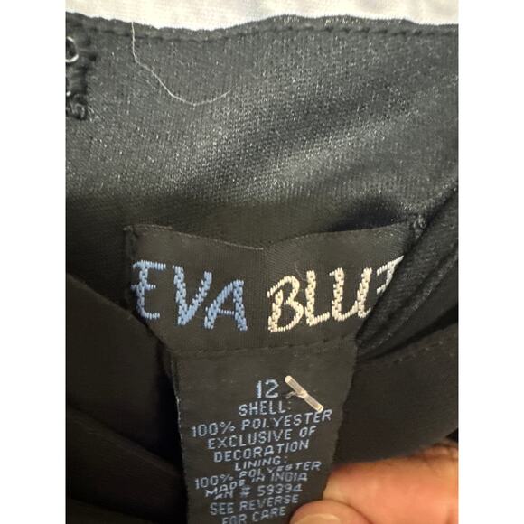 Eva Blue Black Mini Chiffon Swing Dress Gold Sequin Trim Adj. Straps SZ 12 NWT - Picture 3 of 5